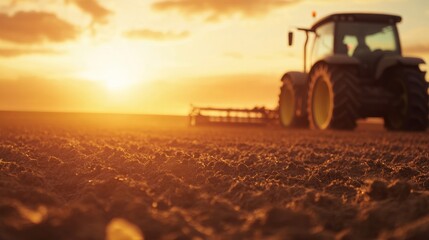 Fototapeta premium Close-up of a tractor pulling a seed drill in an expansive field during sunrise,