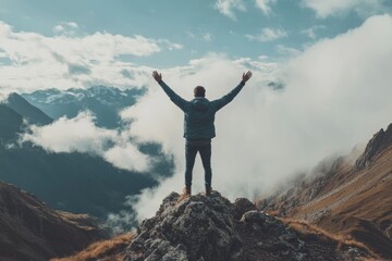 Obraz premium A person standing on top of a mountain peak, arms raised in triumph, with clouds and the expanse of an alpine landscape around.