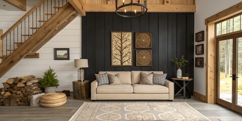 Rustic farmhouse living room with beige sofa, black wall paneling, and organic wood art for a warm, natural feel.