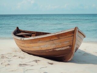 A weathered, wooden boat rests alone on a sandy beach near the ocean's edge.