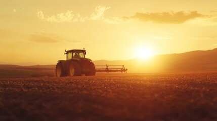 Fototapeta premium Close-up of a tractor pulling a seed drill in an expansive field during sunrise,