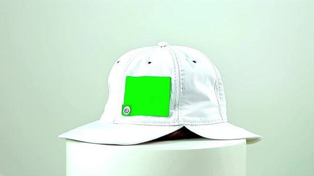 White baseball cap with green screen patch, set against clean background, perfect for branding, fashion mockups, and design.