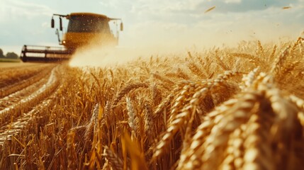 Close-up of an advanced combine harvester in action, collecting wheat with perfect precision