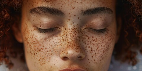 A close-up portrait of a woman with freckles, eyes gently closed as if in a moment of relaxation or deep thought.
