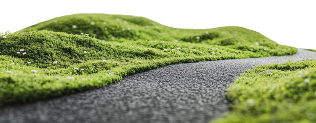 Winding road through lush green hills, cut out - stock png.