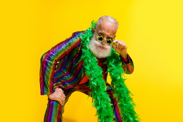 Photo of funny gentleman wear striped bright suit celebrate event cool party isolated on yellow color background