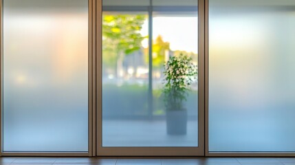 Fototapeta premium A frosted glass door reveals a green plant and natural light in a modern setting.