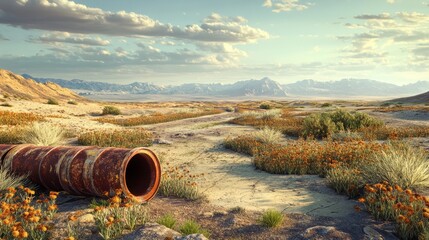 Modern irrigation pipes installed in a desert landscape, helping plants grow in arid conditions