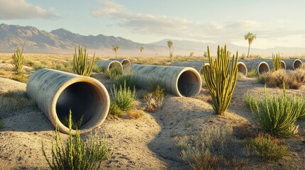 Modern irrigation pipes installed in a desert landscape, helping plants grow in arid conditions