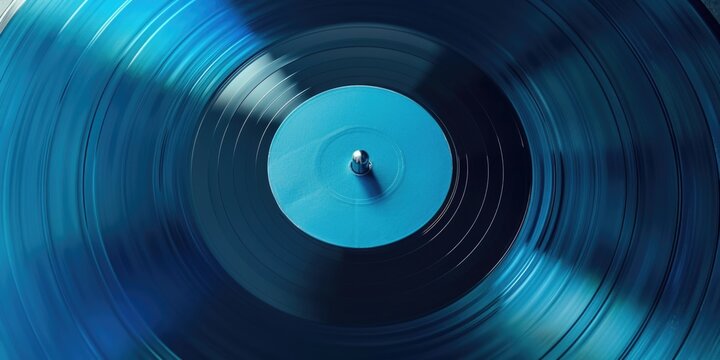 Blue record with a silver needle on it. The record is spinning and the needle is pointing to the center