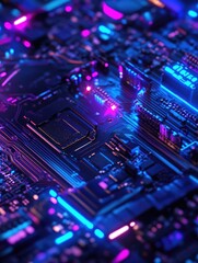 Fototapeta premium The image is a close up of a computer chip with a blue and purple hue. The chip is made up of many small components, each with its own unique color and shape. The overall effect is a vibrant