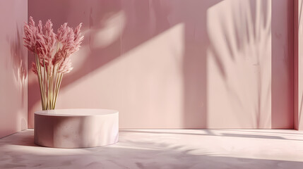 Pink Minimalist Podium with Dried Flowers and Sunlight: A stylish and modern pink podium with dried flowers and natural light. The perfect backdrop for showcasing your products and brands.  