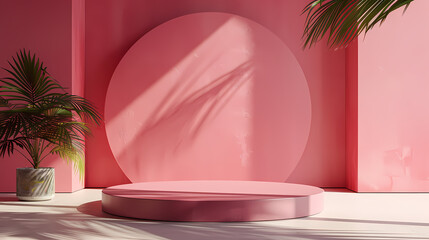 Pink Paradise Product Display: A stylish pink cylindrical podium sits center stage, bathed in sunlight filtering through palm leaves.