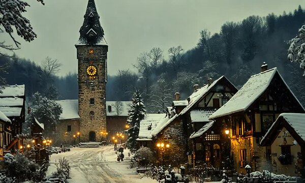 A serene winter village scene with snow-covered buildings and a clock tower.