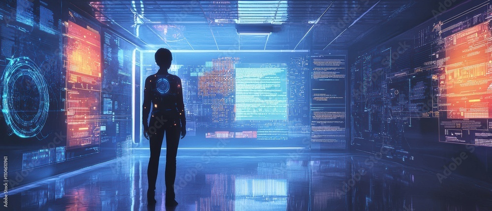 Poster navigate digital spaces with a holographic interactive virtual assistant guide