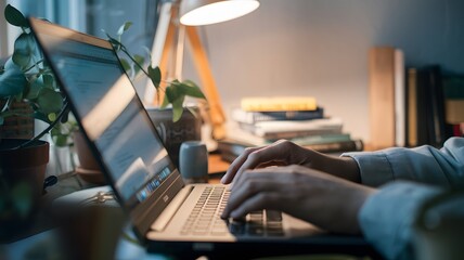 A person is actively typing on a laptop while a plant sits in the background