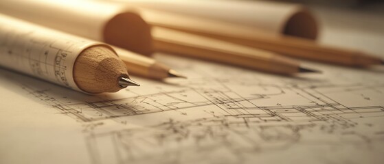 A close-up of architectural tools and blueprints, highlighting design and planning processes.
