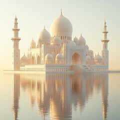 Majestic white mosque reflected in calm water at sunrise.