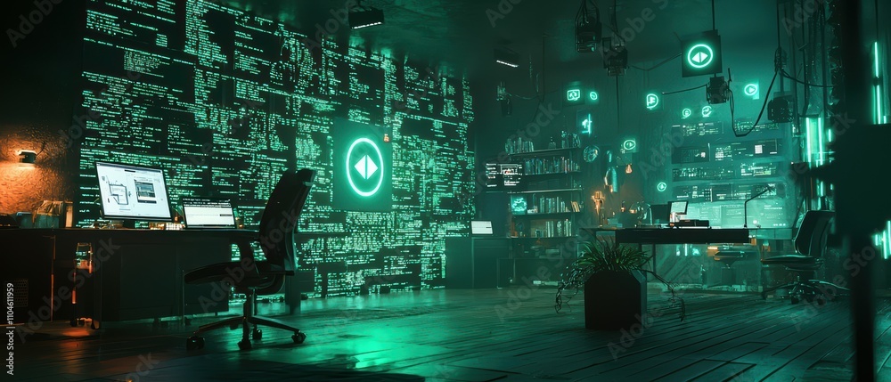 Poster dynamic cybersecurity visualization glowing data encryption symbols in digital tech