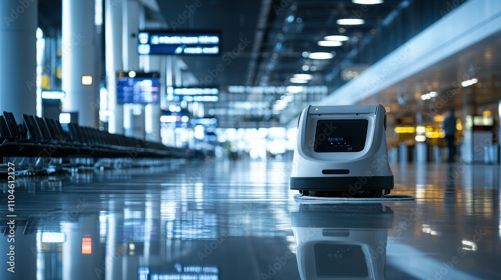 Poster revolutionizing airport cleaning automated robots for efficient mopping