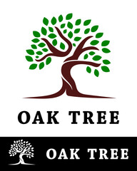 Abstract Oak tree logo design featuring a stylized brown trunk and green leaves, symbolizing growth, nature, and sustainability