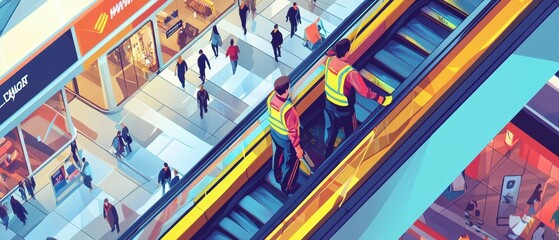 Community impact technician fixes jammed escalator in a thriving urban retail space