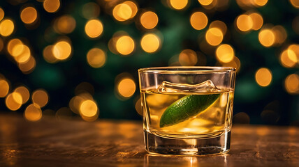 Golden alcoholic beverage in rocks glass with lime wedge and ice, bokeh background.