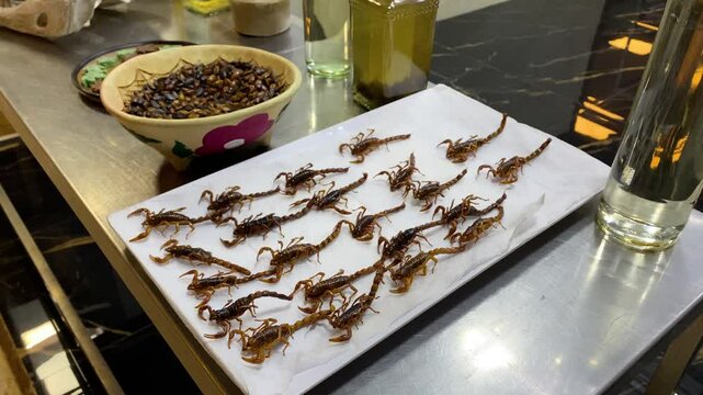 Scorpions and other insects are seen for sell as exotic foods in the traditional San Juan public Market located in downtown Mexico City, Mexico.