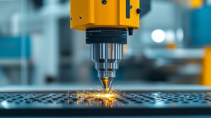 A close-up of a laser cutting machine in action, producing sparks on a metal surface.
