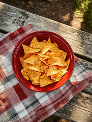 BBQ flavored tortilla chips in a red ceramic dish, a flavorful snack option.