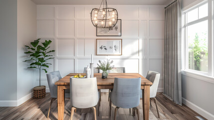 Sunlit Farmhouse Dining Room: A rustic wooden dining table set for a meal, sits in a sun-drenched room with wainscoting, a large window, and stylish light fixture.