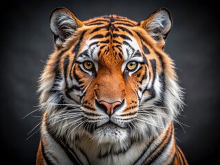 Fototapeta premium Minimalist Tiger Head Photography - Wild Big Cat Close-Up, Nature, Wildlife, Animal Portrait, Artistic, Black and White, Negative Space, Feline, Powerful