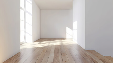 Minimalist Room: A minimalist room with wooden floor and large windows. Natural light floods in, casting long shadows on the empty space, creating a sense of tranquility and openness.