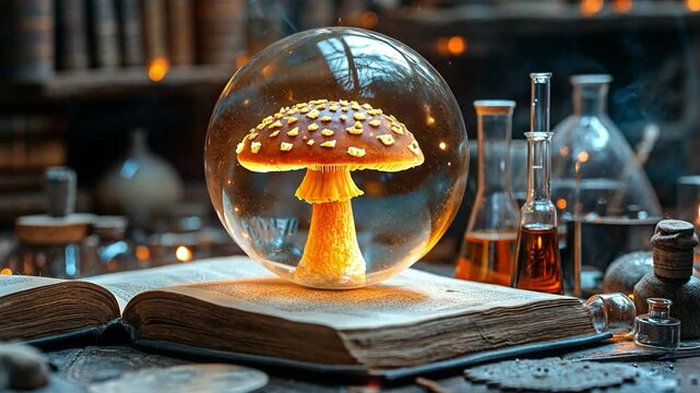 A glowing mushroom encased in a glass orb on an open book in a magical laboratory at night
