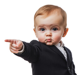 Baby in suit points definitively at something, cut out - stock png.