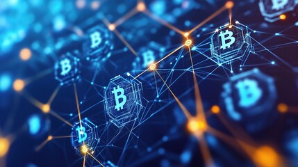 Digital Currency Blockchain Connection with Bitcoin Symbols Graphic