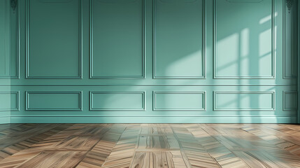 Serene Teal Room Interior: A calming image showcasing a minimalist interior design with elegant teal wainscoting walls and a rich brown herringbone hardwood floor.
