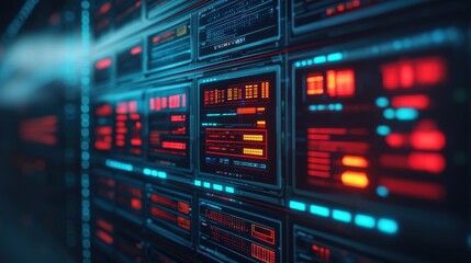 A futuristic display of digital interfaces with red and blue lights, showcasing data visualization and technology.