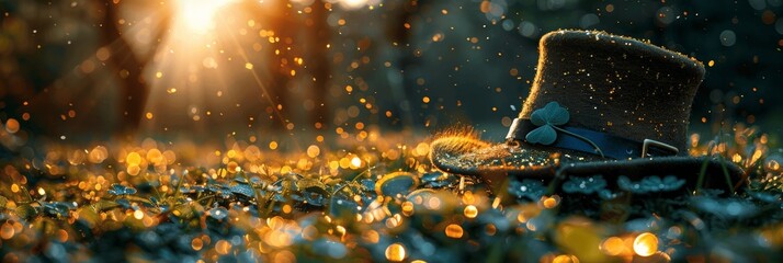 St. Patrick's Day Leprechaun Hat with Four-Leaf Clover and Golden Confetti on Green Grass in Magical Forest at Sunrise