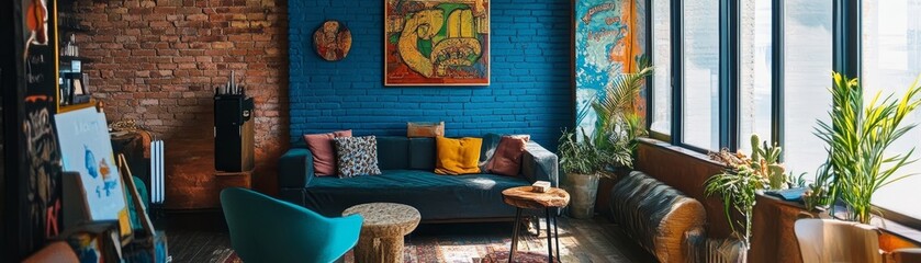 Naklejka premium Cozy and Artistic Living Room with Colorful Wall Artwork and Plants