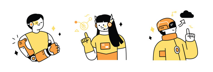 A cyborg human with a robotic arm, a character wearing a futuristic costume, and a person with a data transmission item. outline simple vector illustration.