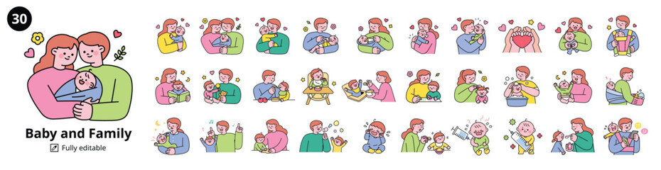 Baby and Family Mega Set. Parents caring for babies. outline simple vector illustration.