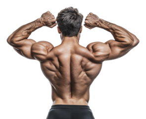 Muscular athlete flexing back muscles in studio, cut out - stock png.