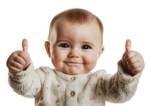 Baby giving thumbs up and smiling happily, cut out - stock png.