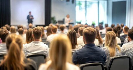 Crowded Conference Room with Diverse Attendees Engaged in Business Presentation