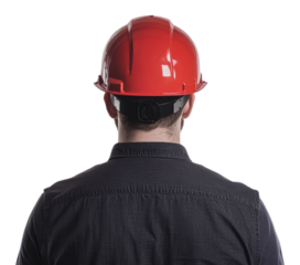 Worker in red safety helmet from behind, cut out - stock png.