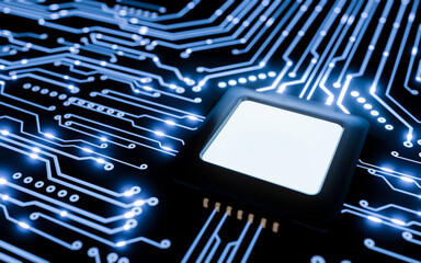 Motherboard panel, electronic device or main board. Industrial technology image within industrial machinery. or a circuit board. CPU or processor chip on a circuit board. 3D rendering.