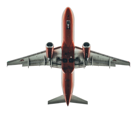 Airplane viewed from above in flight, cut out - stock png.