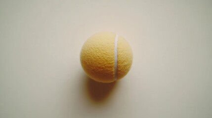 Close-Up View of a Yellow Tennis Ball on a Light Background, Showcasing Its Textured Surface and Distinct White Stripe for Sports and Recreation Themes
