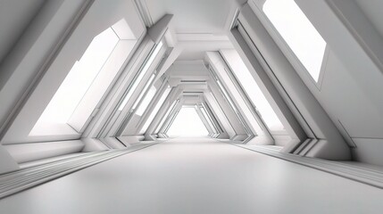 Obraz premium Futuristic White Corridor with Angular Design and Bright Light